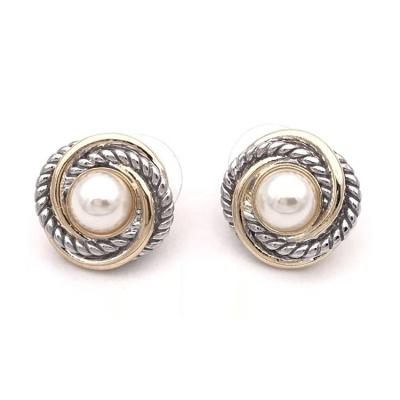 China Vintage Customized Jewelry 14K Gold Zinc Alloy Two Tone Button Pearl Earrings *T1475EKR for sale