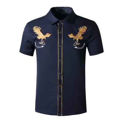 China Anti-wrinkle customized youth western men's embroidery men's short sleeve denim shirt eagle claw snake print half-sleeved shirts for sale