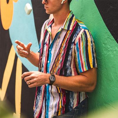 China wholesale New Print Anti-Wrinkle Geometric Striped Men's Short Sleeve Half Sleeve Color Hawaiian Pattern Cardigan Shirts Beach Sleeve Shirt for sale