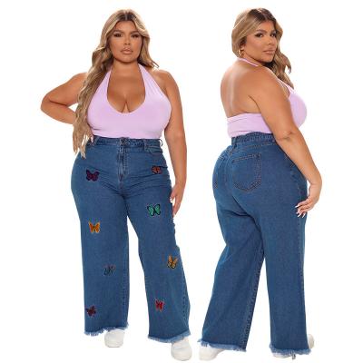 China Color Fade Proof Fashion Cotton Jeans plus size butterfly embroidery mid waist mother jeans loose straight wide leg jeans for sale