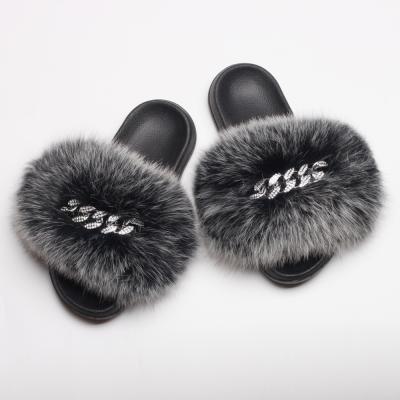 China Anti-Smell Fox Hairy Fur Slippers Diamond Chain Fur Flip Flops Fluffy Slides For Women Ladies for sale