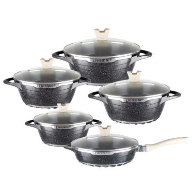 China Durable 12 pcs pressed non stick aluminum durable pots non stick cookware sets aluminum kitchen cookingware set with wooden handle for sale