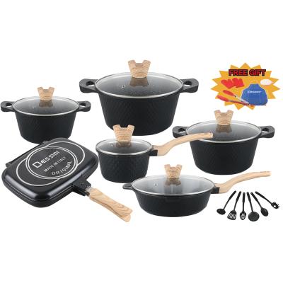 China Sustainable 23 Pcs Wooden Handle Pressed Aluminum Non Stick Durable Kitchen Ware Cookware Set for sale