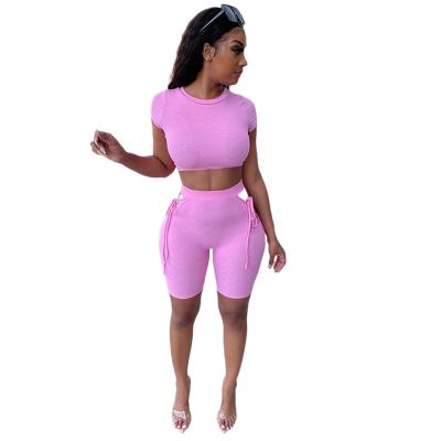 China 2021 New Arrivals 3 Colors Breathable Casual Fashionable Cavity Sleeve Crop Top O-Neck Bandage Shorts 2 Piece Biker Shorts Women Set for sale