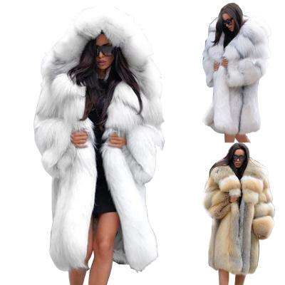 China 2021 Sale Autumn And Winter Loose Artificial Warm Breathable Faux Fur Long Hooded Coat For Women for sale