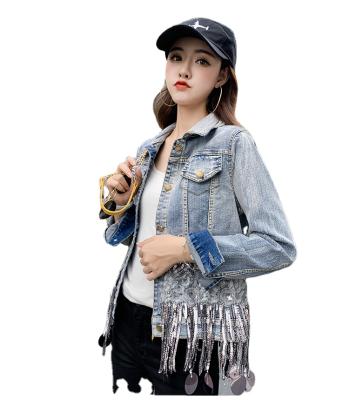 China Custom Women's Fringe Trucker Crop Denim Jacket Blue Women's Denim Tassels Denim Jacket Long Sleeve Breathable Faux Leather Jacket Women for sale