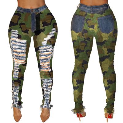 China New Fashion Breathable Waist Stir-Fried Salt Edge Camouflage High Skinny Pants Woman Straight Jeans for sale