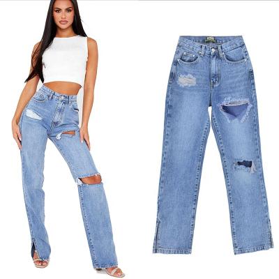 China Elasticity New Arrivals Breathable And Straight Flared High Waist Pants Denim Hole Jeans Women for sale