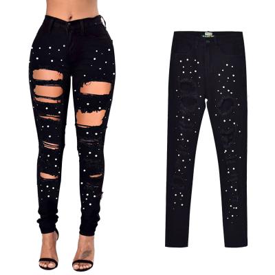 China New Arrivals Wholesale Breathable High Waist Thin Stretch Irregular Two Tone Studded Black Hole Denim Pearl Jeans Women for sale