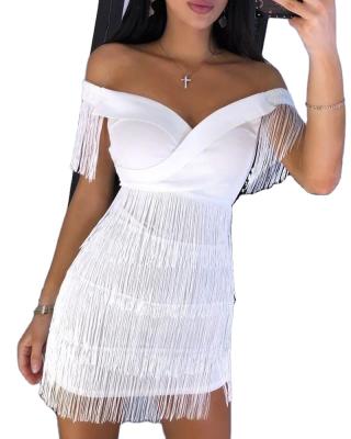 China 2021 New Arrival High Quality Breathable Women Off The Shoulder Summer Thin Tassels Party Mini Women Evening Dresses Solid Color Simple Style for sale