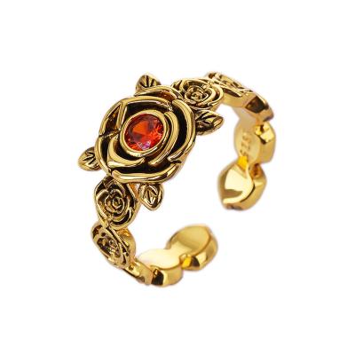 China CLASSIC Oxidation Fashionable Sterling Silver Half Open Individuality Zircon 925 Gemstone Ring Women Jewelry Flower Red Antique Fashion Ring for sale