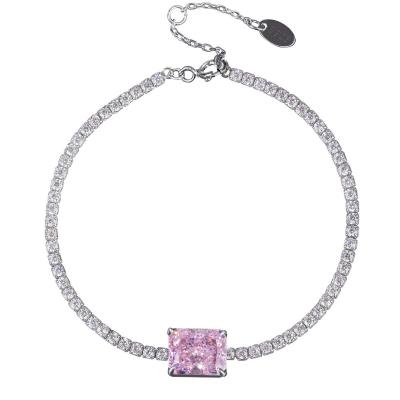 China Factory CLASSIC Zircon Tennis Silver Chain Iced Out High Carbon Pink CZ Diamond Tennis Square Women Diamond Bracelet for sale