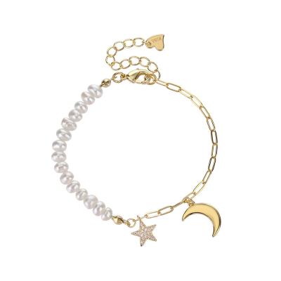 China Wholesale CLASSIC Women Bead Pearl Bracelet Jewelry Making 18K Gold Plated Logo Star And Moon For Lover Chain Custom Ladies for sale