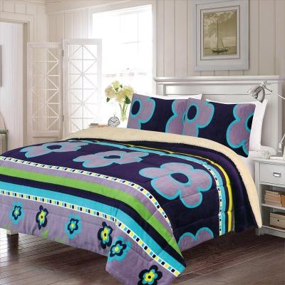 China Cobertor Borrego Soft Blanket Sets Purple Flower Printed Child Sherpa Double Cal King Comforter Set for sale