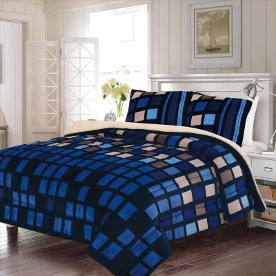 China Soft Squares 100% Polyester Printing Blue Color Fleece Queen Size King Bedding Comforter Borrego Blanket Sets for sale