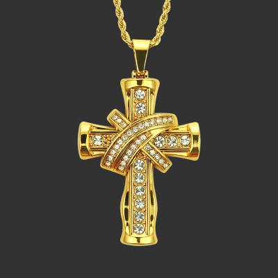 China 2022 Punk Gold Plated CZ Crystal Diamond Hip Hop Personalized Cross Pendant Necklace For Men for sale