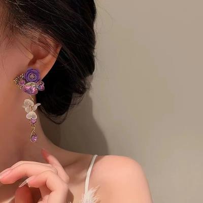 China Fashion Silver Crystal Heart 925 Needle Purple Flower Supper Style Soft Earrings for sale