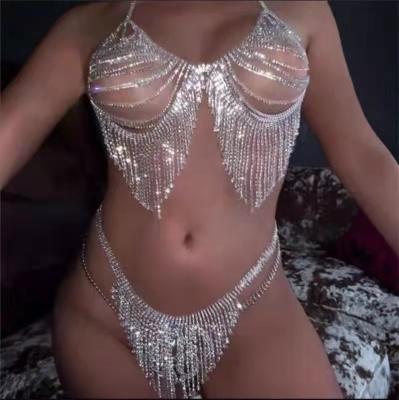 China Sexy Bikini Luxury Shiny Rhinestone Tassel Underwear Panties Women Jewelry Body Chain Set for sale