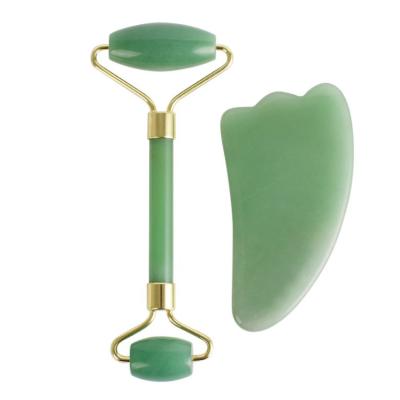 China Jade Stone Roller Tourists Home Eye and Massage Facial Anti Aging Beauty Natural Green Aventurine Roller Gua Sha Set for sale