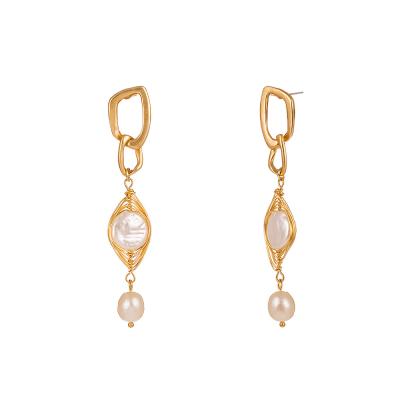 China TRENDY Simple Long Earrings Hand Wrapped Copper Wire Pearl Stud Earrings Women Fashionable Alloy Gold Plated Jewelry , Gold Plated for sale