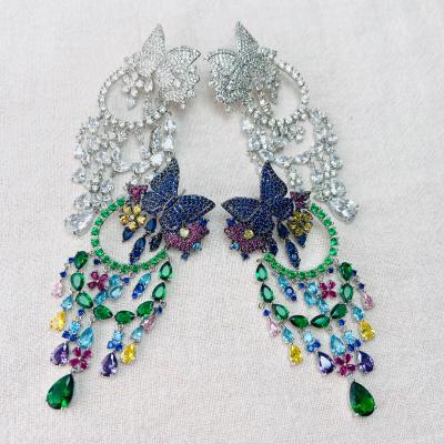 China Unique Design Environmentally Friendly Expensive Vintage Full Zircon Colored Gem Butterfly Tassel Earrings For Women Gift for sale