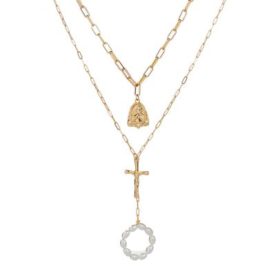 China The Other Retro Gold Plaid Jesus Cross Chain Imitation Pearl Necklace 2021 For Women for sale