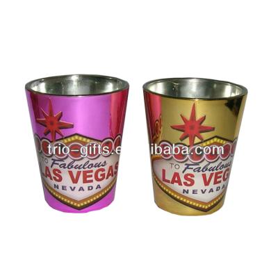 China CHINA electroplate color shot glass with decal LAS VEGAS CRAFT for sale