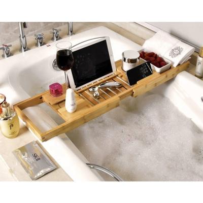 China Sustainable Expandable Bamboo Tub Caddy Tray With Soap Crate Towel Rack for sale