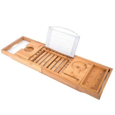 China Sustainable Adjustable Bathtub Caddy Tray With Bamboo Soap Crate for sale