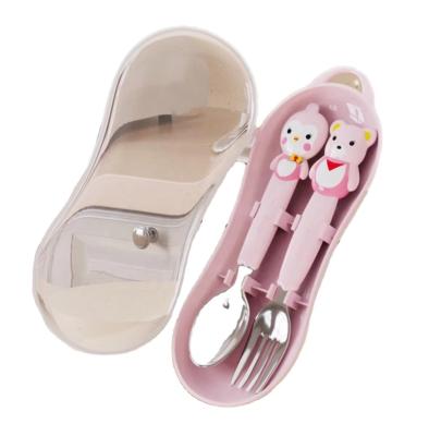 China BPA Free Wholesale Bpa Free Stainless steel Children's Feeding Training Tableware Complementary Food Spoon Portable Baby Fork Spoon Set for sale