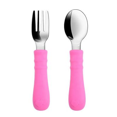 China BPA Free BPA Free Wholesale Eco-friendly Silicone Baby Feeder Soft Fork Spoon 304SUS Silicone Feeding Set for Kids Customized for sale