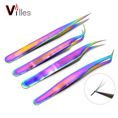 China Custom Titanium Plating Eyelash Care Rainbow Eyelash Tweezers False Eyelash Extension Tweezers Lash Tweezers for sale