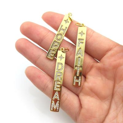 China Charm Embossed CLASSIC CZ Vertical Gold Bar Pave Word Letter Engraved Jewelry Hit Cards For HOPE/LOVE/SMILE Necklace Pendant Bracelets for sale