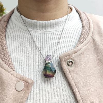 China Wholesale FASHIONABLE Natural Polished Mini Rainbow Fluorite Quartz Crystal Essential Oil Diffuser Necklace Gemstone Perfume Bottle Necklace for sale