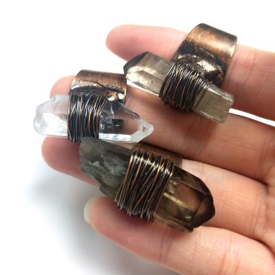 China Vintage New Fashion Natural Stone Point Beads Charms Crystal Rings Vintage Accessories Clear Wire Wrapped Antique Bronze/Smoky Quartz for sale