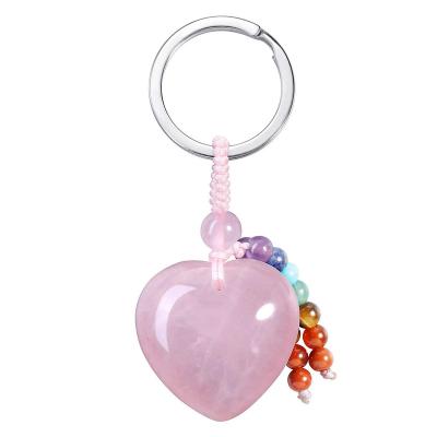 China Natural Crystal Love Heart Keychain Metal Key Ring Seven Chakra Beads Tassel Love Heart Pendant Stone Opens Pendant Key Chains for sale