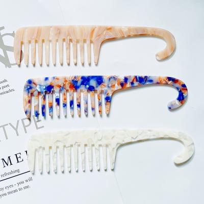 China Newest Comfortable Marble Pattern Resin Acetate Hair Comb Acetic Acrylic Wide Tooth Hook Shower Comb For Women for sale