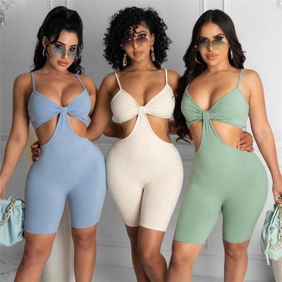 China Hot Selling Viable Ribbed Cut Out Playsuits Streetwear Women Workout Rompers 2021 Strap Skinny Casual Active Wear Shorts One Piece Outfit for sale