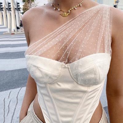 China Anti-pilling 2021 one shoulder spring summer sexy design transparent women lace dot tops fashion summer crop tops for sale