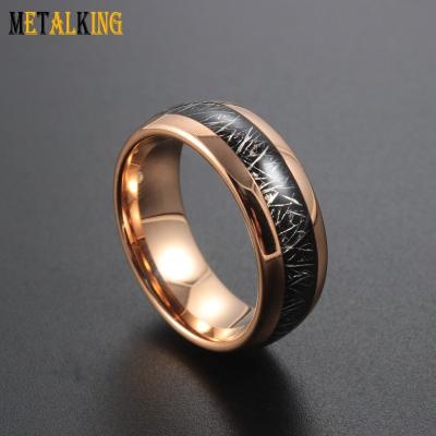 China Rose Gold Tungsten Ring TRENDY with Black Meteorite Inlay Wedding Bands Engagement Ring for sale