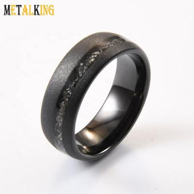 China Fashion 8mm Black Tungsten Carbide Ring Crush Meteorite Offsetting Inlay Wedding Band Sandblast Finished for sale