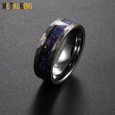 China Fashion 8mm Tungsten Silver Hammered Rings Crushed Fire Opal Inlay Wedding Bands For Women Men for sale