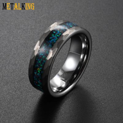 China Fashion 8mm Silver Hammer Faceted Tungsten Ring Galaxy Opal Inlay Comfort Fit Ring Men Women Wedding Band for sale