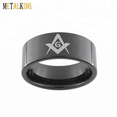 China Tungsten Carbide Freeemason Band CLASSIC Black 9mm Masonic Square And Compass Rings Flat Comfort Fit for sale