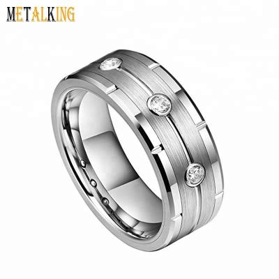 China Fashionable Mens Womens 8mm Silver Tungsten Carbide Ring Three Zircon Inlay Wedding Ring Jag Edge Comfort Fit for sale