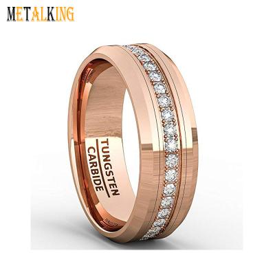 China TUNGSTEN Rose Gold 8mm Tungsten Ring Polished Fully Stacked Cubic Zircon Hewn Edge Comfort Fit for sale