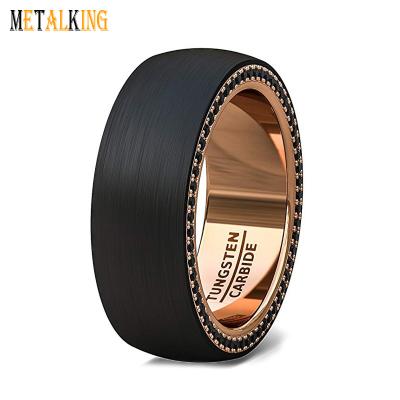 China Rose Gold Inner Comfort Fit Black Tungsten Tungsten Zircon Cubic Stone Ring Flat Edge Fully Stacked for sale