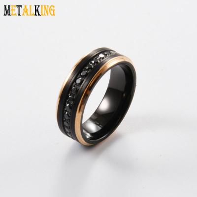 China Fashion 8mm Tungsten Ring Rose Gold And Black Plated CZ Stones Inlay Wedding Band for sale