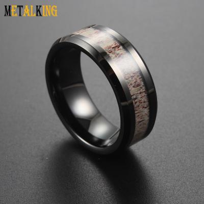 China TRENDY 8mm Black Tungsten Ring with Antler Inlay, Real Deer Antler Ring, Wedding Band for Men for sale