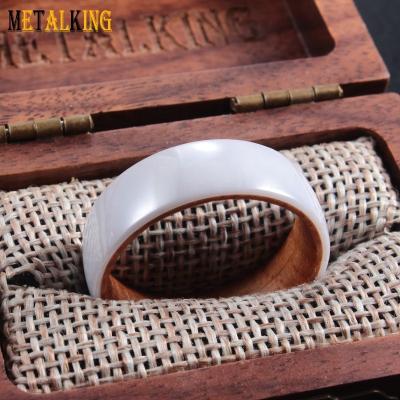 China FASHIONABLE White 8mm Ceramic With Wooden Whiskey Barrel Insert Wedding Ring for sale